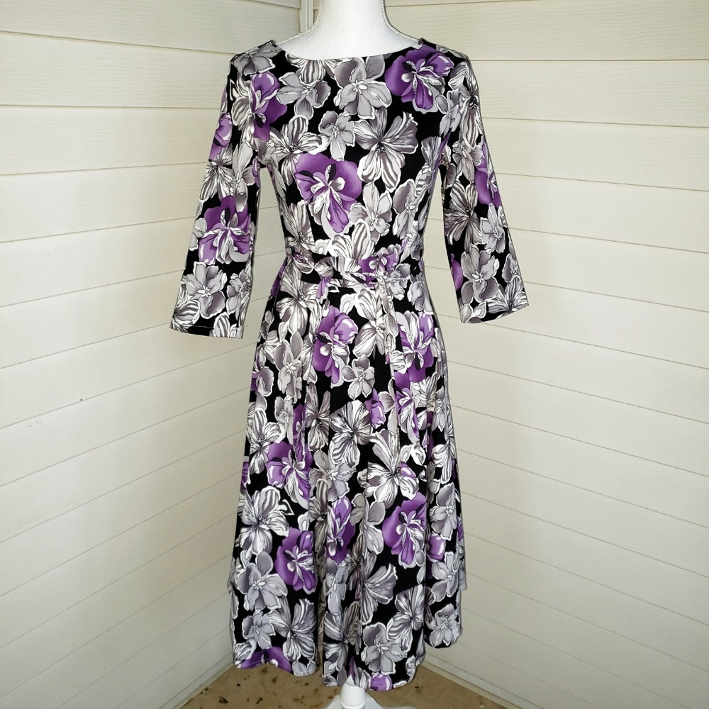 Elegant Asymmetrical Floral Midi Dress in Black & Purple